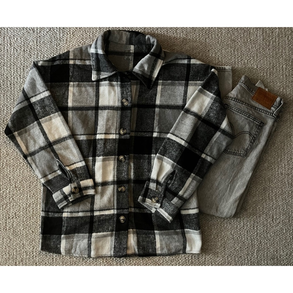 Kansas City Chiefs Flannel Shacket Grey Black Plaid Button Up Shirt Mens Large